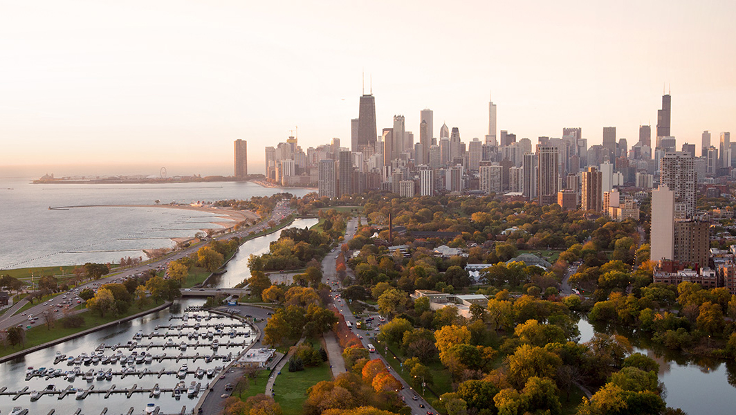 Drone image of Chicago skyline with views of Lake Michigan